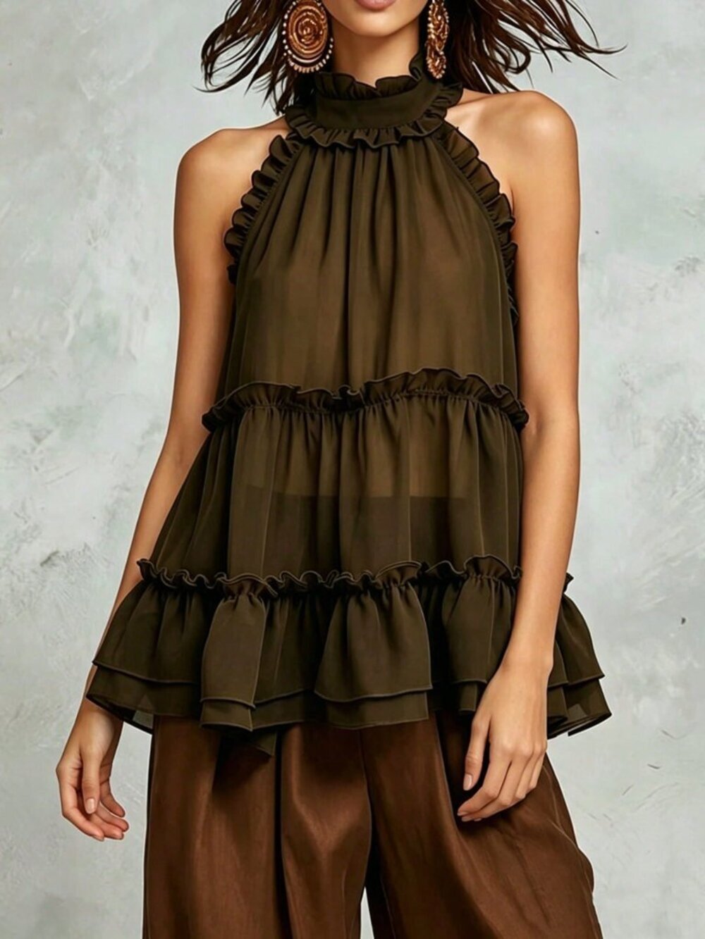 Brown Casual Women's Loose Chiffon Layered Ruffle Hem Halter Neck Camisole